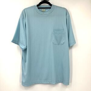 Vintage Haband Blue Stripe Crew Neck Pocket Polyester Short Sleeve Tee Shirt Top